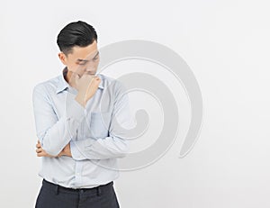 Young asian business man unhappy and frustrated with something. Negative facial expression isolated on white background.