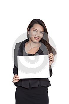 Young Asian business woman attractive brunetee showing blank signboard