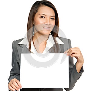 Young Asian business woman attractive brunetee showing blank signboard