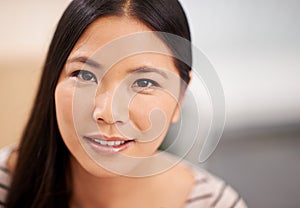 Young, asian business woman or portrait for happy in career or job satisfaction with ambition. Japanese person, smile or