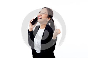 Young asian business woman in suit talking on smart phone isolated on white background.