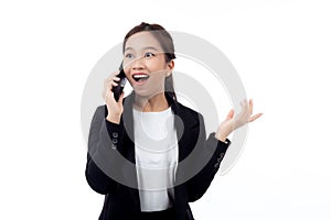 Young asian business woman in suit talking on smart phone isolated on white background.