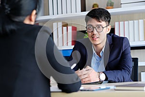 Young asian businessman at business meeting, job interview, in office, business people, office lifestyle concept