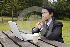 Young Asian businessman in a park with his laptop. Conceptual image