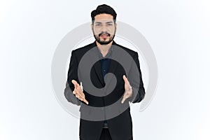 Young Asian businessman presenting something, looking at the camera isolated on white background. making video call, recording