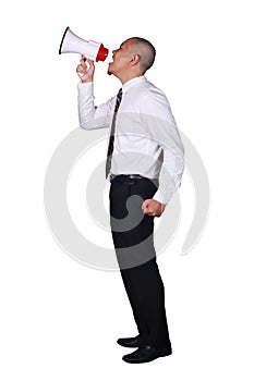 Young Asian Businessman Screaming Using Megaphone, Mad Expression