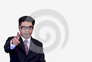 Young Asian businessmen wearing black glasses and black suit, hand pointing forward with a willingness to work, white background i