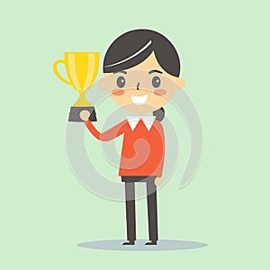 Young Asian businesswoman holding a trophy, smiling in triumph. Professional success and achievement theme vector