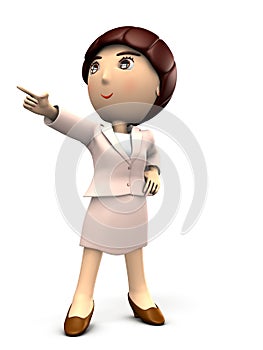 A young woman pointing at the goal. She is wearing a suit.3D illustration. White background