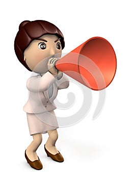 A young Asian businesswoman in a pink suit screaming something with a big megaphone. White background