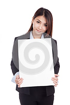 Young Asian businesswoman show vertical blank sign