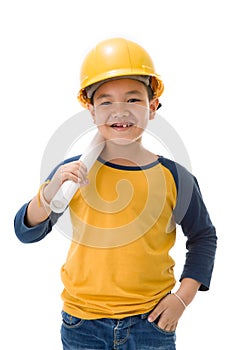 Young asian child construction Worker Holding equipment