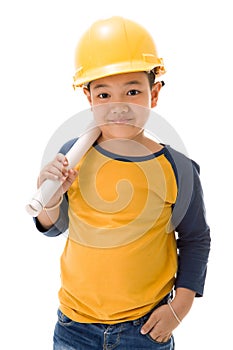 Young asian child construction Worker Holding equipment