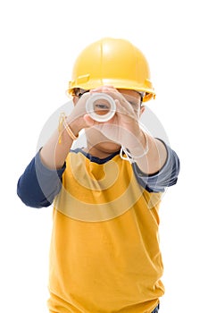 Young asian child construction Worker Holding equipment