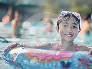 Young asian chinese girl swimming in a public pool with a ring float