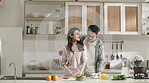 young asian couple preparing food together at home
