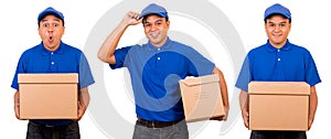 Young asian delivery man in blue uniform