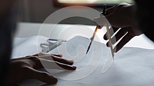 Young Asian engineer drawing construction project plans on plan paper on table in office