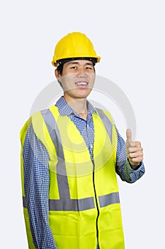 Young asian engineer smiling and thumbs up isolated on white background. (With Clipping path