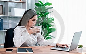 Young asian enthusiastic businesswoman at modern office desk with laptop.