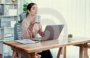 Young asian enthusiastic businesswoman at modern office desk with laptop.