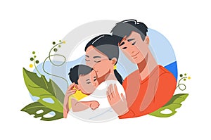 Young asian family with newborn baby. Family Day postcard template