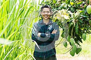 Young Asian farmer standing in organic mango farm