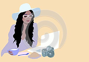 Young asian fashion girl with laptop and coffee. Cartoon of a working hipster with hat and glasses. Woman getting education. Digit