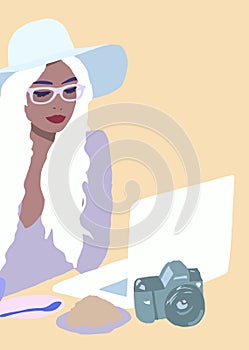 Young asian fashion girl with laptop and coffee. Cartoon of a working hipster with hat and glasses. Woman getting education. Digit