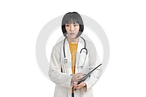 Young asian female doctor surprised and looking at a side, isolated.