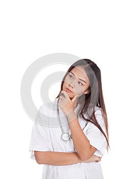 Young Asian female doctor thinking hand on chin