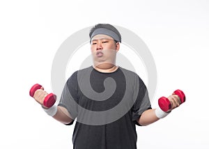 Young Asian funny fat sport man exercise with dumbbell isolated on white background.