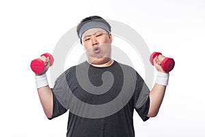 Young Asian funny fat sport man exercise with dumbbell isolated on white background.