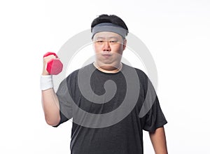 Young Asian funny fat sport man exercise with dumbbell isolated on white background.