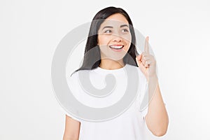Young asian girl have good idea. Happy smiling woman isolated on white background. Copy space. Template and blank summer t shirt