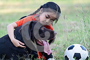 A young Asian girl playing football with her big black dog outside the grass ground in the yard in the evening