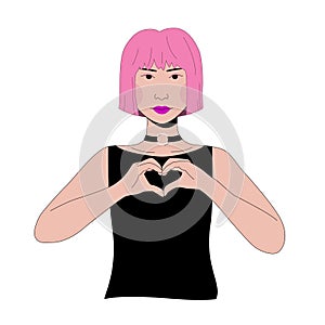 Young Asian girl showing love hand gesture. Pink hair woman portrait vector