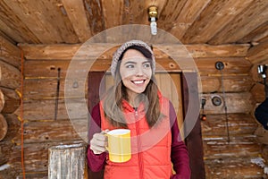 Young Asian Girl On Terrace Holding Cup Hot Coffee Tea Wooden Country House Winter Resort