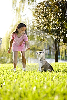 Young Asian girl training puppy to sit