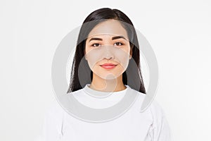 Young asian girl on white background. Copy space. Mock up. Skin care concept. Woman macro face
