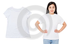Young Asian girl in a white T-shirt and a separately white Tshirt close up, white t shirt copy space mockup