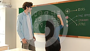 Young asian girl writing math formula at blackboard while standing. Pedagogy.