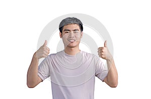 Young Asian handsome man wearing a casual t-shirt standing over white background approving doing positive gestures with his hand,