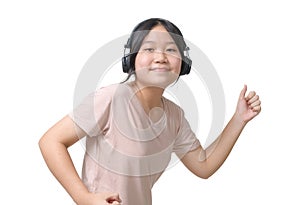 young asian happy excited beautiful korean girl dancing listen music in headphones