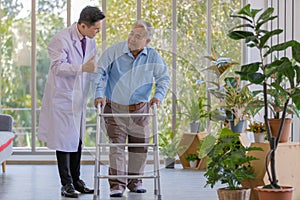 A young asian male black hair doctor wearing white lab coat showing his thumb up when try to supporting his patient by holding his