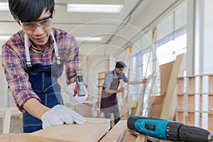 Young asian male worker wearing plaid shirt and blue jean apron with white gloves holding saw cutting wood stick on the table full