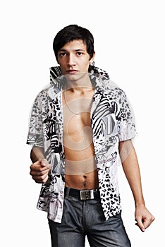 Young Asian man in a shirt unbuttoned