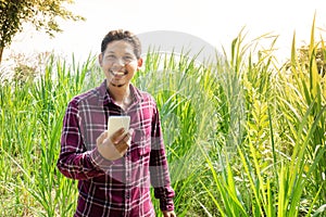 Asian man using smartphone in agriculture photo