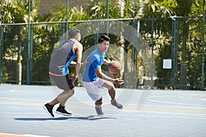 Young asian men playing basketball