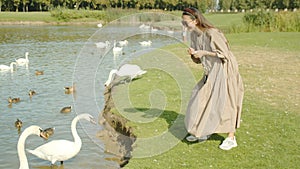Young asian mom feeds swans in the park, lake, river, summer laughs, positive nature